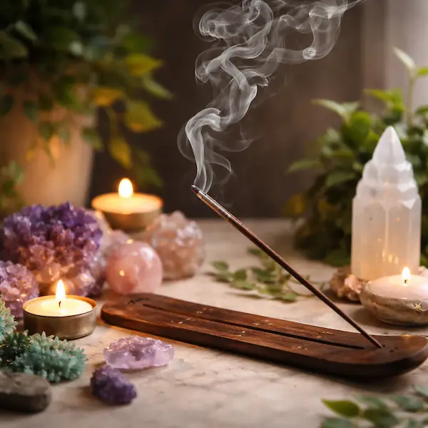 R&oslash;gelse med r&oslash;gelsespinde i holder omgivet af krystaller og stearinlys skaber rolig og harmonisk stemning