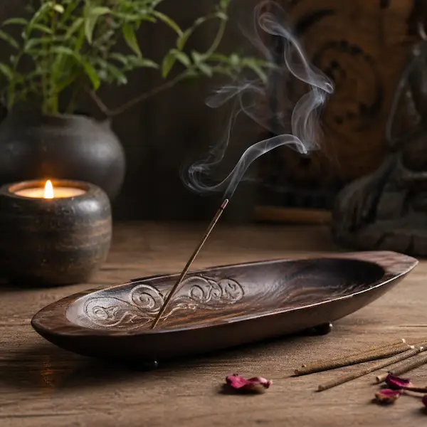 R&oslash;gelsesholder i tr&aelig; med r&oslash;g fra r&oslash;gelsespind &ndash; skaber ro, meditation og hyggelig stemning i hjemmet