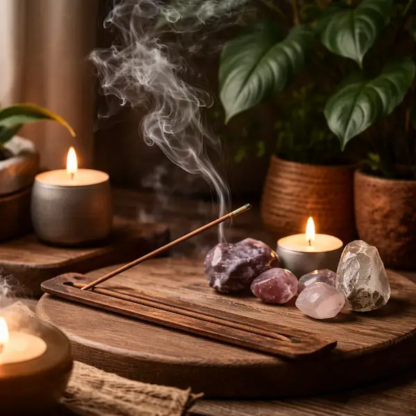 R&oslash;gelsespinde til meditation og energirensning med krystaller og rolig atmosf&aelig;re
