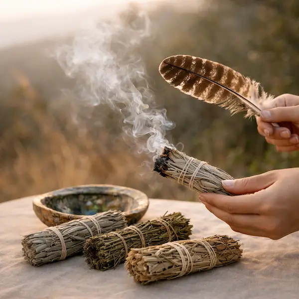 Smudging med hvid salvie hvor r&oslash;gen fordeles med fjer til energetisk rensning og balance