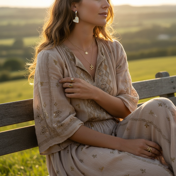 En kvinde sidder stille og betragter marken foran sig, iført smukke, spirituelle smykker, der fanger lyset blidt.