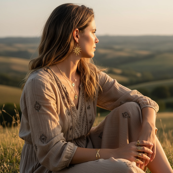 Kvinde der sidder og kigger ud over marken. Kvinden har smukke spirituelle smykker på.