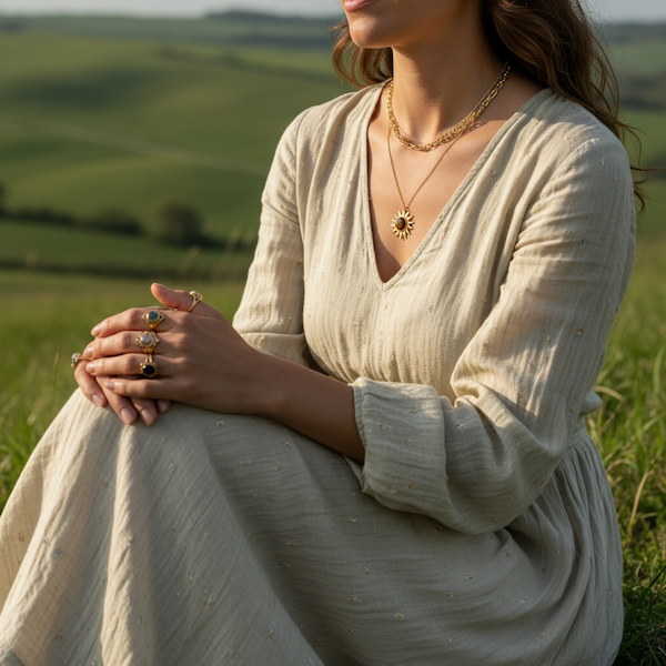En kvinde nyder udsigten over marken, mens hendes spirituelle smykker glitrer i sollyset