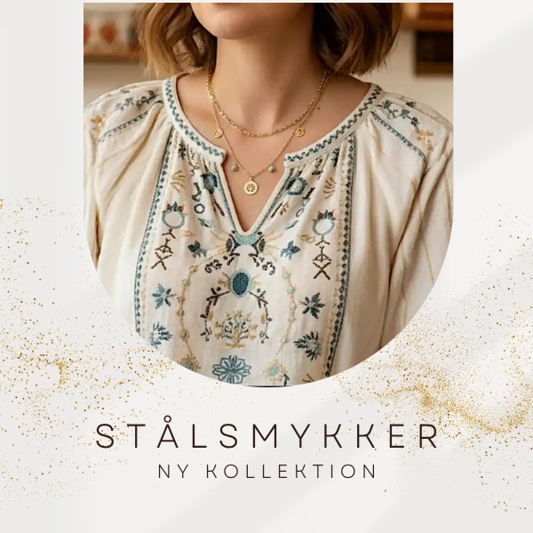 Billede der viser en kvinde med en af vores nye halskaeder på med link til selve siden med staalsmykker