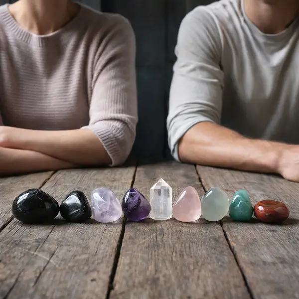 Polerede krystaller og sten opstillet p&aring; rustikt tr&aelig;bord i naturligt lys med mennesker i baggrunden &ndash; ametyst, bjergkrystal, rosenkvarts og gr&oslash;n aventurin