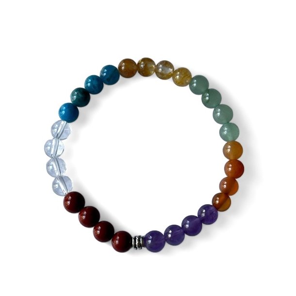 Krystal armbnd | 7 Chakra | Charm | Hndlavet | 6 mm. stenperler | Ml 16 - 17 cm