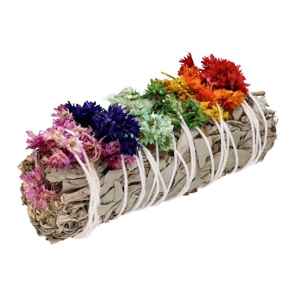 Hvid Salvie Smudge Stick 10-11 cm med Mullein og 7 Chakrafarver