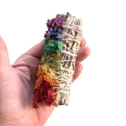 Hvid Salvie Smudge Stick 10-11 cm med Mullein og 7 Chakrafarver