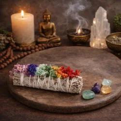 Hvid Salvie Smudge Stick 10-11 cm med Mullein og 7 Chakrafarver