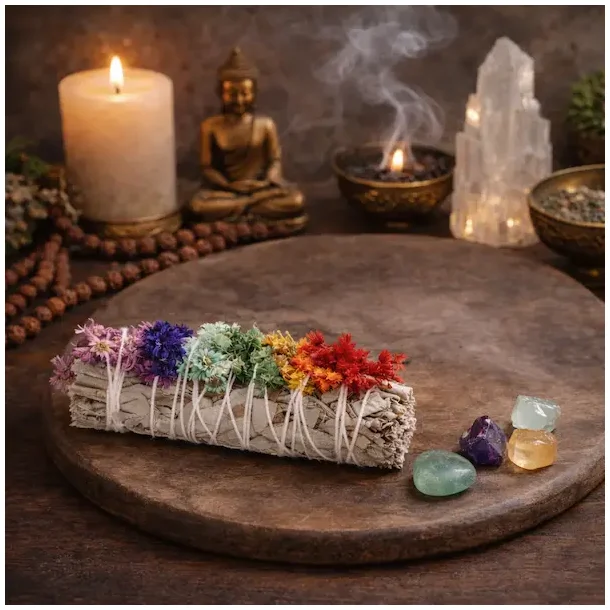 Hvid Salvie Smudge Stick 10-11 cm med Mullein og 7 Chakrafarver