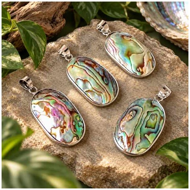 Fire unikke abalone-vedh�ng med farveskinnende perlemor i s�lvindfatning, arrangeret p� natursten med gr�nne planter.