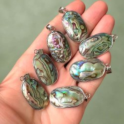 En h�nd der holder syv forskellige abalone vedh�ng i overfladen for at illustrere de naturlige variationer i m�nstre og det iriserende farvespil i skallerne.