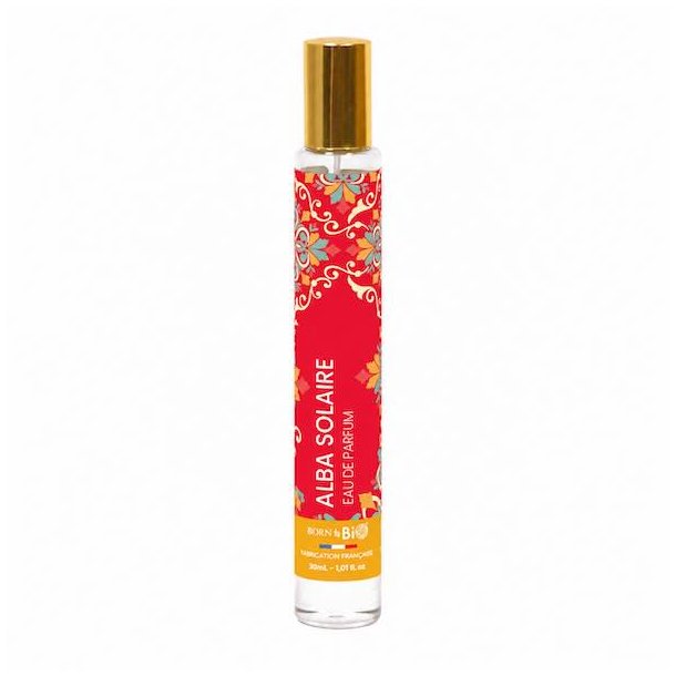 Alba Solaire eau de parfum 30 ml fra Born to Bio med hvid baggrund og elegant fransk parfumedesign