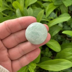 Poleret mintgr�n amazonit lommesten holdt i h�nden med gr�nne planter i baggrunden