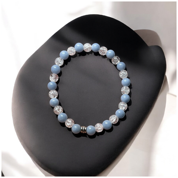 Hndlavet krystalarmbnd i Angelit og Krakeleret Bjergkrystal,  Ml 16 - 18 cm