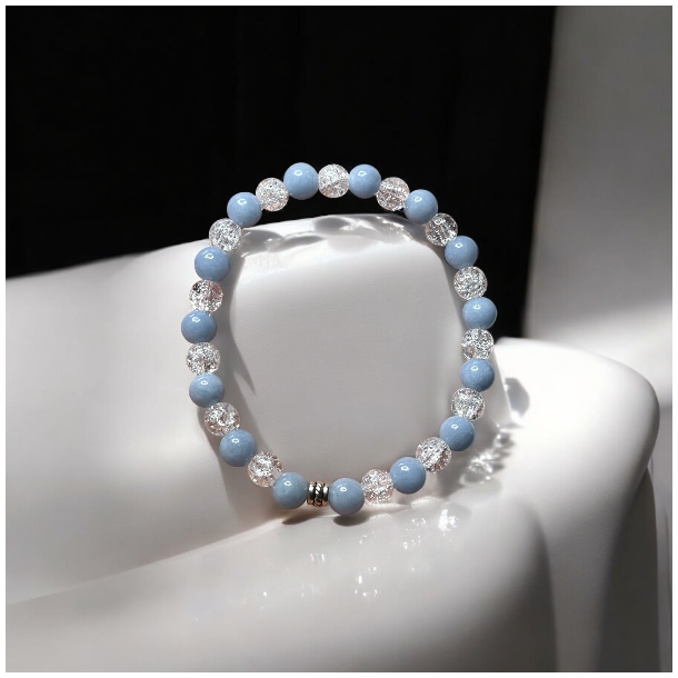 Hndlavet krystalarmbnd i Angelit og Krakeleret Bjergkrystal,  Ml 16 - 18 cm