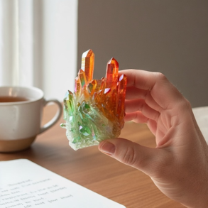 Unika Aurafusion aurakrystal klynge  rd, grn og orange med regnbueglans