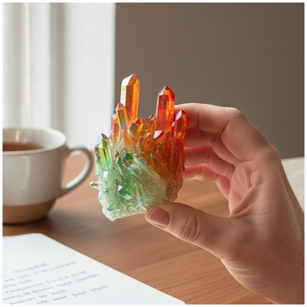 Unika Aurafusion aurakrystal klynge  rd, grn og orange med regnbueglans