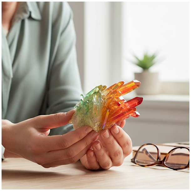 Unika Aurafusion aurakrystal klynge  rd, grn og orange med regnbueglans