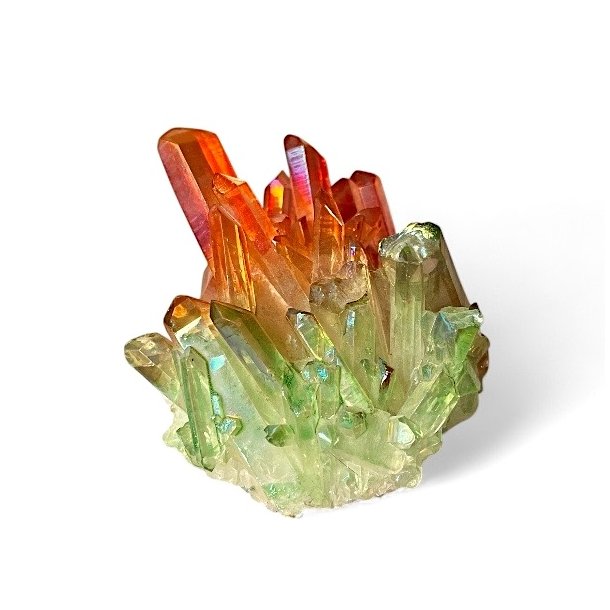 Unika Aurafusion aurakrystal klynge  rd, grn og orange med regnbueglans
