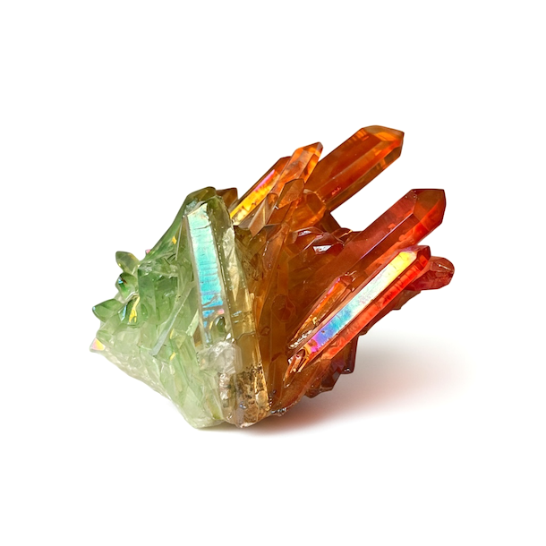 Unika Aurafusion aurakrystal klynge  rd, grn og orange med regnbueglans