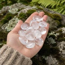 H�nd holder polerede bjergkrystal lommesten p� naturlig baggrund med mos og sten