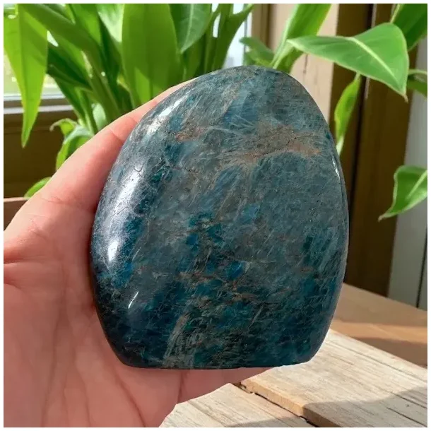 Unik bl apatit freeform 510 g  kraftfuld poleret krystal 9,1 x 8 cm