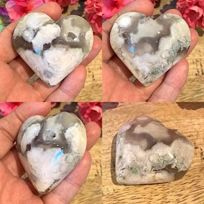 Unikt blomsteragat hjerte med druzy krystaller, 5,6 x 5,2 cm til energi og dekoration