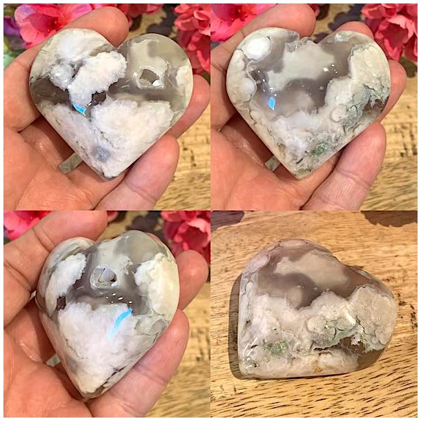 Unikt blomsteragat hjerte med druzy krystaller, 5,6 x 5,2 cm til energi og dekoration