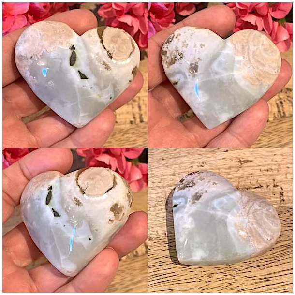 Unikt blomsteragat hjerte med druzy krystaller, 5,7 x 5 cm til energi og dekoration