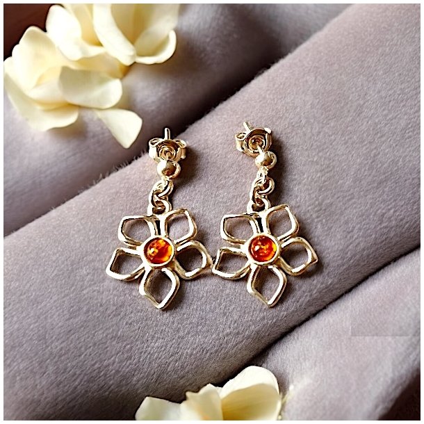 Amber Bloom Fors�lvede Blomster�reringe med �gte Rav � 2x2 cm, L 3 cm