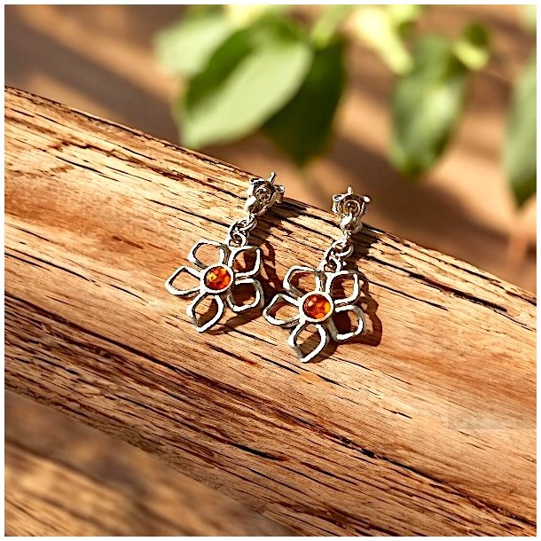 Amber Bloom Forslvede Blomsterreringe med gte Rav  2x2 cm, L 3 cm