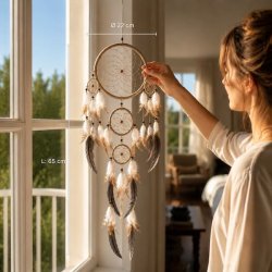 Unik h�ndlavet natur Dr�mmefanger med Fjer og perler 65 cm