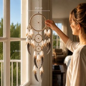 Unik h�ndlavet natur Dr�mmefanger med Fjer og perler 65 cm