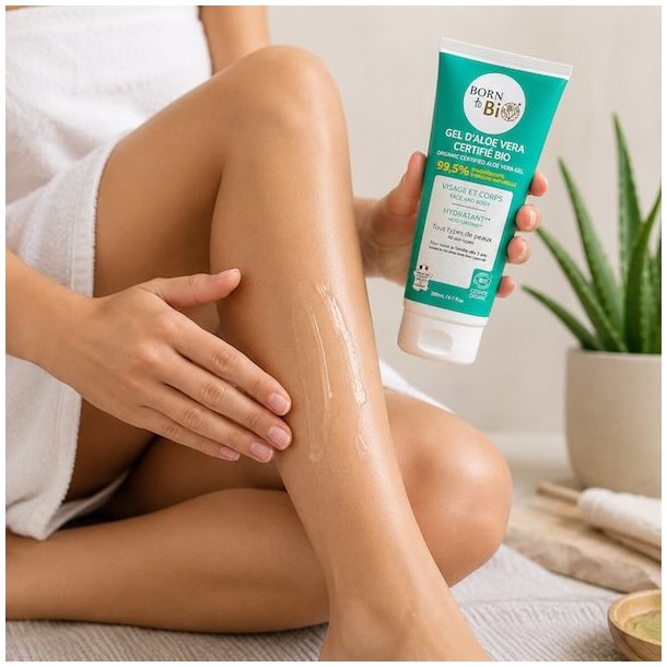 Aloe vera gel fra Born to Bio p�f�res benene for k�lende og fugtgivende hudpleje
