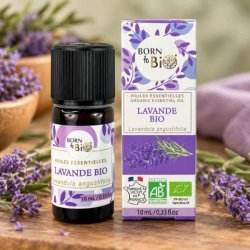 �kologisk �terisk lavendelolie fra Born to Bio, 10 ml, med tilh�rende �ske.