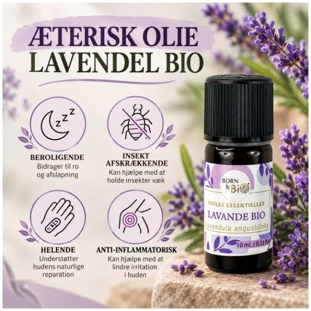Born to Bio lavendelolie med information om aromatisk anvendelse og produktets egenskaber.