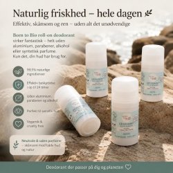 Born to Bio parfumefri roll-on deodorant med naturlige ingredienser placeret p� klipper ved stranden i rolig og naturlig livsstilsops�tning