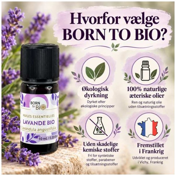 Born to Bio �kologisk lavendelolie med fokus p� �kologisk dyrkning, naturlige ingredienser og fransk produktion.