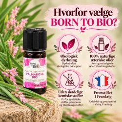 Born to Bio Palmarosa Bio �terisk olie med information om �kologisk dyrkning, naturlige ingredienser og produktion i Frankrig.