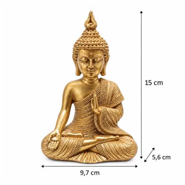 Guldfarvet Buddha figur i polyresin med m�lene 15 x 9,7 x 5,6 cm p� hvid baggrund.
