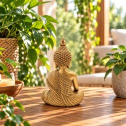 Guldfarvet Buddha figur i polyresin p� 15 cm set bagfra med detaljeret h�r og m�nstret dragt.