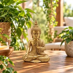Guldfarvet Buddha figur i polyresin p� 15 cm set forfra i et gr�nt Feng Shui-milj�.