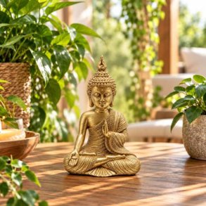 Guldfarvet Buddha figur i polyresin p� 15 cm set forfra i et gr�nt Feng Shui-milj�.