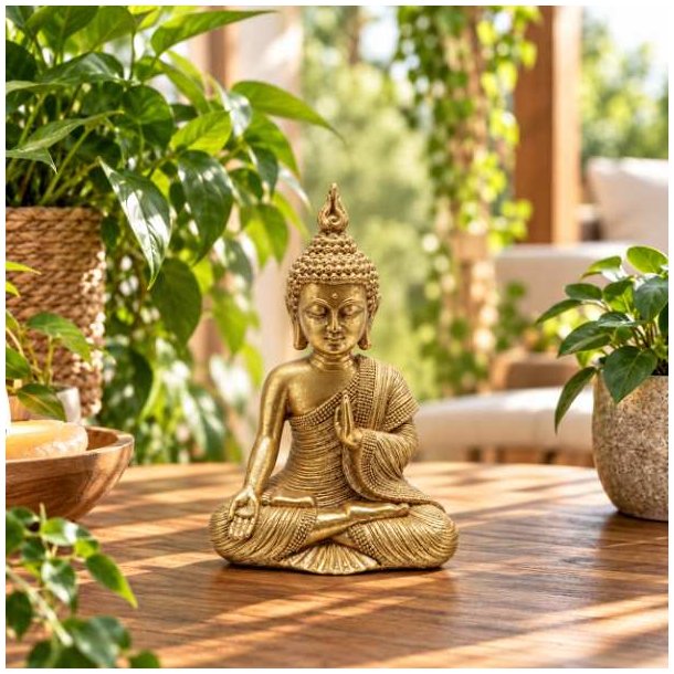 Guldfarvet Buddha figur i polyresin p� 15 cm set forfra i et gr�nt Feng Shui-milj�.