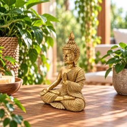Guldfarvet Buddha figur i polyresin p� 15 cm set fra siden med detaljeret dragt og l�ftet h�nd.