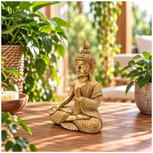 Guldfarvet Buddha figur i polyresin p� 15 cm set fra siden med detaljeret dragt og l�ftet h�nd.