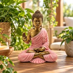Produktbillede af siddende Buddha figur i pink og guld set forfra, placeret i et hyggeligt hj�rne med gr�nne planter.