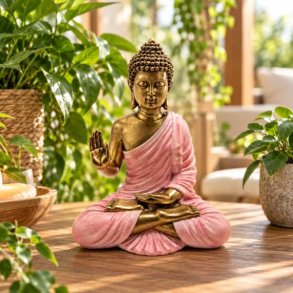 Produktbillede af siddende Buddha figur i pink og guld set forfra, placeret i et hyggeligt hj�rne med gr�nne planter.