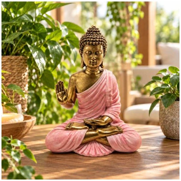 Produktbillede af siddende Buddha figur i pink og guld set forfra, placeret i et hyggeligt hj�rne med gr�nne planter.